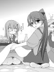  3girls alcohol blush bottle chitose_(kantai_collection) closed_eyes drunk food fruit hair_ornament hair_ribbon hairclip hakama headband houshou_(kantai_collection) isshitaira japanese_clothes kantai_collection kimono kotatsu long_hair looking_at_viewer looking_back monochrome multiple_girls open_mouth ponytail ribbon sake school_uniform seiza sitting smile suzuya_(kantai_collection) table tasuki tokkuri translation_request 