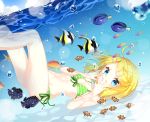  1girl air_bubble bikini blonde_hair breath bubble covering_mouth fish freediving hair_ornament hairclip holding_breath jimmy kagamine_rin swimming swimsuit underwater vocaloid 