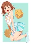  1girl :o aqua_background bare_legs bare_shoulders blush brown_eyes brown_hair cheerleader covering covering_crotch embarrassed full_body gloves hagiwara_yukiho halo0002 idolmaster looking_at_viewer no_socks open_mouth pleated_skirt pom_poms shoes short_hair skirt sleeveless solo sweat tears white_gloves 