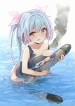  1girl blush breast_rest breasts breath collarbone i-19_(kantai_collection) kantai_collection kojiki-life large_breasts open_mouth school_swimsuit smoke solo swimsuit torn_clothes torn_swimsuit torpedo twintails wet wet_hair 