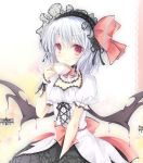  1girl adapted_costume bat_wings blue_hair corset cup gothic_lolita hairband hasuga_sea lolita_fashion red_eyes remilia_scarlet short_hair smile solo teacup touhou wings 