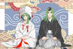  ami_(sjq735299180) blue_hair fan folding_fan green_hair hat japanese_clothes jojo_no_kimyou_na_bouken kimono kuujou_jolyne long_hair multicolored_background multicolored_hair narciso_anasui seiza sitting striped two-tone_hair uchikake unmoving_pattern 