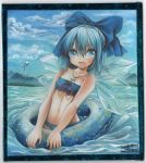  1girl bikini blue_bikini blue_eyes blue_hair blue_sky bow cirno clouds collarbone dated frame hair_bow ice ice_wings innertube jewelry lake looking_at_viewer mosho navel necklace open_mouth paint_(medium) pendant signature sky smile solo swimsuit touhou traditional_media watercolor_(medium) wings 