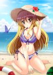  1girl absurdres beach bikini blonde_hair breasts butterfly_net cleavage frilled_bikini frills gradient_hair hand_net hat highres hijiri_byakuren holding_legs large_breasts multicolored_hair navel ougi_(ihayasaka) popsicle purple_bikini purple_hair sitting solo straw_hat swimsuit touhou wariza yellow_eyes 