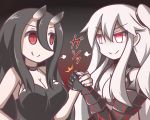  2girls aircraft_carrier_hime battleship-symbiotic_hime black_dress black_hair breasts cleavage commentary_request dress feiton hand_grab horns kantai_collection long_hair multiple_girls pale_skin red_eyes shinkaisei-kan translation_request white_hair 