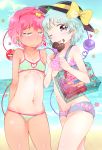  2girls arm_behind_back bag beach bikini bikini_top blush dark_skin earrings eyeball flying_sweatdrops food food_on_face green_hair hairband handbag hat hat_ribbon heart heart-shaped_pupils heart_of_string highres ice_cream jewelry komeiji_koishi komeiji_satori looking_at_viewer midriff multiple_girls navel ocean one-piece_tan one_eye_closed panties pink_eyes pink_hair ribbon short_hair siblings sisters star string sweat swimsuit symbol-shaped_pupils tan tanline tannkobuiwa third_eye tongue tongue_out touhou transparent underwear 