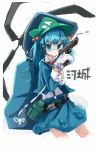  1girl bag belt blue_eyes blue_hair blush cowboy_shot dress dress_shirt gloves goggles gun hair_bobbles hair_ornament handgun hat helicopter highres hizakozouzu kawashiro_nitori key long_sleeves looking_at_viewer pocket propeller shirt short_hair short_twintails skirt skirt_set smile solo touhou twintails utility_belt weapon white_gloves white_shirt 