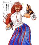  1girl ahoge alcohol arched_back bangs blue_skirt blush bottle braid breasts cosplay cowboy_shot cuffs drinking_cup happy hips hong_meiling hoshiguma_yuugi hoshiguma_yuugi_(cosplay) koyubi_(littlefinger1988) large_breasts long_hair long_skirt muscle open_mouth puffy_short_sleeves puffy_sleeves redhead sake_bottle see-through shackles shiny shiny_hair shirt short_sleeves simple_background skirt solo striped striped_skirt thighs touhou translation_request twin_braids very_long_hair white_background white_shirt 
