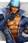  1boy aogiri_(pokemon) aogiri_(pokemon)_(remake) bandana beard blue_gloves character_name dark_skinned_male facial_hair gairen gloves muscle pokemon pokemon_(game) pokemon_oras popped_collar red_eyes signature solo upper_body 