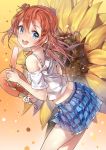  1girl blue_eyes brown_hair cozyquilt fan highres kousaka_honoka love_live!_school_idol_project open_mouth paper_fan popsicle short_hair side_ponytail smile solo sunflower uchiwa 