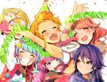  6+girls @_@ anger_vein armpits blonde_hair blue_hair blush brown_eyes brown_hair closed_eyes fang glasses grin hanyuuda_mito hat kotobuki_qruit long_hair misonoo_mana multicolored_hair multiple_girls nanasaki_nicole open_mouth outstretched_arms party pink_hair purple_hair short_hair smile spread_arms tinsel tokyo_7th_sisters v wakaouji_rui yusa_memoru 