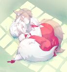  androgynous animal_ears brown_hair japanese_clothes miko numikko original pointy_ears sleeping tail white_hair wolf_ears wolf_tail 