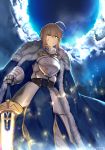  1girl ahoge armor armored_dress blonde_hair blood blood_on_face cape dress excalibur fate/stay_night fate_(series) fur-trimmed_cape green_eyes hews_hack saber sky solo sword weapon 