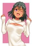  1girl blush breasts cleavage cleavage_cutout dark_skin green_hair halo0002 idolmaster idolmaster_cinderella_girls looking_at_viewer natalia_(idolmaster) one_eye_closed open-chest_sweater open_mouth short_hair smile solo sweater violet_eyes 