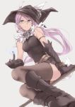  1girl black_gloves black_legwear blue_eyes boots earrings fur_trim glasses gloves hat highres jewelry long_hair looking_at_viewer original purple_hair simple_background skirt sleeveless smile solo thigh-highs touma_kisa witch witch_hat 