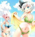  2girls alternate_hairstyle bikini blue_eyes breasts cleavage frilled_bikini frills hairband konpaku_youmu konpaku_youmu_(ghost) large_breasts multiple_girls nagare pink_hair ponytail red_eyes saigyouji_yuyuko short_hair silver_hair swimsuit touhou towel triangular_headpiece 