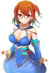  1girl bare_shoulders blue_dress breasts brown_eyes brown_hair cleavage detached_collar dress excel_(shena) glasses hatchet highres large_breasts long_sleeves looking_at_viewer oriental_hatchet original red-framed_glasses side_ponytail smile solo 