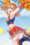  1girl blue_eyes brown_hair cheerleader gloves headset highres i.f.s.f kousaka_honoka love_live!_school_idol_project midriff open_mouth pom_poms short_hair side_ponytail skirt smile solo takaramonozu 