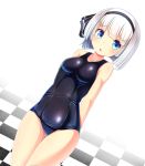  1girl :o alternate_costume blue_eyes blush checkered checkered_floor dutch_angle hairband highres konpaku_youmu looking_at_viewer oimo_(imoyoukan) school_swimsuit short_hair silver_hair small_breasts solo swimsuit thigh_gap touhou 