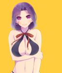  1girl arm_at_side bare_shoulders black_swimsuit breast_hold breasts eyes_visible_through_hair highres kantai_collection looking_at_viewer open_mouth purple_hair short_hair simple_background swimsuit tatsuta_(kantai_collection) tbd11 upper_body violet_eyes yellow_background 