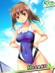  1girl angel_beats! brown_eyes brown_hair competition_swimsuit hands_on_hips hisako_(angel_beats!) juusensha_koubou long_hair one-piece_swimsuit ponytail swimsuit 