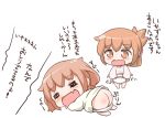  2girls =_= alternate_costume ass brown_eyes brown_hair commentary_request drooling fang folded_ponytail ikazuchi_(kantai_collection) inazuma_(kantai_collection) kantai_collection kotanuki_329 long_hair multiple_girls nanodesu_(phrase) open_mouth ponytail short_hair translation_request wavy_mouth younger 