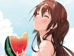  1girl bare_shoulders blush brown_hair closed_eyes fly_333 food fruit happy idolmaster idolmaster_cinderella_girls long_hair shimamura_uzuki sky solo watermelon 