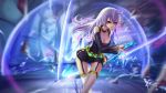  1girl breasts cleavage dungeon_and_fighter long_hair purple_hair red_eyes solo sword thigh-highs wangchuan_de_quanyan weapon 