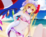  1girl beach bikini blonde_hair blue_sky bow choker clouds collarbone commentary_request flandre_scarlet hat hat_bow highres innertube lake looking_at_viewer mob_cap navel pink_bikini red_eyes renkarua side_ponytail sky solo swimsuit touhou 