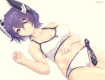  1girl bikini breasts collarbone cowboy_shot dutch_angle eyepatch hand_on_own_stomach headgear highres infinote kantai_collection looking_at_viewer lying navel on_back purple_hair short_hair solo swimsuit tenryuu_(kantai_collection) twitter_username white_bikini white_swimsuit yellow_eyes 