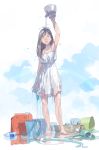  1girl arm_up barefoot black_hair bucket canister closed_eyes dress kettle open_mouth original pomodorosa pouring sandals_removed solo water watering_can wet 
