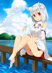  1girl animal_ears blush breasts crop_top detached_sleeves highres inubashiri_momiji looking_at_viewer midriff mountain nature pom_pom_(clothes) red_eyes ribbon-trimmed_sleeves ribbon_trim short_hair silver_hair smile soaking_feet solo tail touhou water wolf_ears wolf_tail 