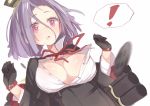  ! 1girl black_gloves breasts cleavage d: dress_shirt gloves hair_between_eyes kantai_collection kojiki-life mechanical_halo open_clothes open_mouth open_shirt popped_button purple_hair red_eyes shirt simple_background solo tatsuta_(kantai_collection) unbuttoned wardrobe_malfunction white_background 