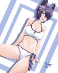  1girl absurdres bikini breasts cleavage dated espada_gcon eyepatch hair_over_one_eye headgear highres kantai_collection midriff purple_hair short_hair signature solo swimsuit tenryuu_(kantai_collection) white_bikini white_swimsuit yellow_eyes 