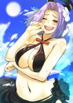  1girl blush breast_hold breasts clouds cloudy_sky commentary_request day flower hair_flower hair_ornament halter_top halterneck kantai_collection looking_at_viewer mechanical_halo navel one_eye_closed open_mouth purple_hair rozario_(akai_rosario) sarong short_hair sky solo splashing sun swimsuit tatsuta_(kantai_collection) under_boob upper_body water 