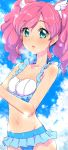  1girl aikatsu! amahane_madoka bikini blue_eyes blush clearite hair_ornament highres looking_at_viewer navel open_mouth pink_hair solo swimsuit twintails water wet 