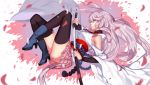  1girl bare_shoulders black_legwear boots character_request copyright_request deras japanese_clothes long_hair petals pink_hair skirt solo sword thigh-highs very_long_hair weapon 
