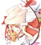 1girl ascot asymmetrical_wings blonde_hair bloomers dress flan_(harry_mackenzie) flandre_scarlet hat mary_janes open_mouth red_dress red_eyes shoes short_hair side_ponytail solo touhou underwear upside-down wings 