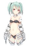  1girl armor bikini black_bikini breasts cleavage faulds gauntlets green_hair kojiki-life navel neck_brace original parted_lips red_eyes simple_background solo swimsuit twintails white_background 