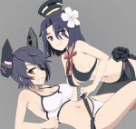  all_fours belt bikini black_bikini breasts cleavage criss-cross_halter eyepatch flower grey_background grin hair_flower hair_ornament halter_top halterneck headgear kantai_collection looking_at_viewer lying mechanical_halo nanashino navel purple_hair sarong short_hair sideboob simple_background smile sports_bikini swimsuit tatsuta_(kantai_collection) tenryuu_(kantai_collection) violet_eyes white_bikini white_swimsuit 