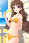  1girl amane_satsuki amanogawa_kirara bikini brown_hair earrings go!_princess_precure jewelry long_hair popsicle precure star star_earrings swimsuit twintails violet_eyes 