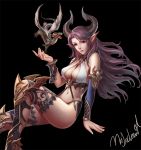  1girl bare_shoulders between_breasts black_background breasts cleavage dragon dragon_girl dragon_horns horns large_breasts lips long_hair looking_at_viewer mxj nail navel original pointy_ears purple_hair red_eyes thigh-highs 