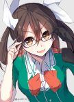  &gt;:d 1girl :d artist_request bespectacled black-framed_glasses black_gloves bowtie brown_hair glasses gloves hair_between_eyes hair_ribbon kantai_collection long_hair open_mouth orange_eyes remodel_(kantai_collection) ribbon short_sleeves silver_background simple_background single_elbow_glove smile solo tone_(kantai_collection) twintails twitter_username white_ribbon 