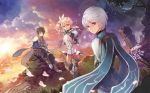  alisha_(tales) blue_hair boots brown_hair cape earrings feather_earrings flower gloves green_eyes hair_flower hair_ornament jewelry khanshin knee_boots mikleo_(tales) side_ponytail smile sorey_(tales) tales_of_(series) tales_of_zestiria thigh_strap violet_eyes 