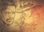  cigarette daniel_d&#039;arby facial_hair facial_tattoo graphite_(medium) hat hatching_(texture) hol_horse jojo_no_kimyou_na_bouken kouto29 monochrome mustache one_eye_covered photo tattoo traditional_media wristband 