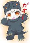  1girl absurdres alternate_costume brown_eyes cosplay godzilla godzilla_(cosplay) godzilla_(series) gori-san highres kantai_collection kigurumi looking_at_viewer northern_ocean_hime open_mouth pose shinkaisei-kan solo translation_request white_hair white_skin 