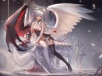  1girl angel_wings asymmetrical_wings babydoll bare_shoulders black_gloves black_legwear black_panties boots breasts choker cleavage cross demon_tail demon_wings elbow_gloves fom_(lifotai) garter_straps gloves green_eyes hair_ribbon heterochromia high_heel_boots high_heels highres long_hair looking_at_viewer mismatched_gloves mismatched_legwear original panties petals ribbon silver_hair sitting smile solo sword tail thigh-highs thigh_boots thorns twintails two_side_up underwear weapon white_gloves white_legwear wings yellow_eyes 