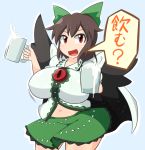  1girl :d beer_mug belly belly_peek bird_wings blush bouncing_breasts bow breasts brown_hair cape cowboy_shot date_pun hair_bow huge_breasts long_hair looking_at_viewer manorea milk navel number_pun offering_drink open_clothes open_mouth open_shirt plump red_eyes reiuji_utsuho shirt skirt smile solo third_eye touhou translated wide_hips wings 