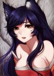  1girl ahri animal_ears bare_shoulders breasts detached_sleeves facial_mark fox_ears korean_clothes league_of_legends long_hair looking_at_viewer open_mouth solo whisker_markings yellow_eyes 
