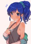  1girl aikatsu! blue_eyes blue_hair blush clearite hot kiriya_aoi long_hair looking_at_viewer off_shoulder open_clothes open_mouth open_shirt shirt shirt_pull side_ponytail simple_background solo steam sweat tank_top upper_body 